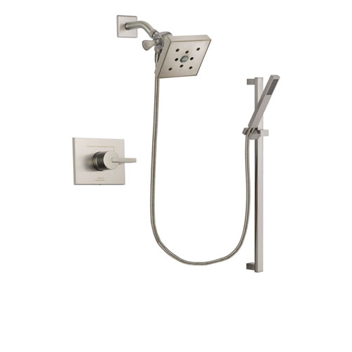 Delta Vero Stainless Steel Finish Shower Faucet System Package with Square Shower Head and Modern Personal Hand Shower with Slide Bar Includes Rough-in Valve DSP2372V
