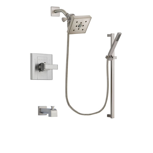 Delta Arzo Stainless Steel Finish Tub and Shower Faucet System Package with Square Shower Head and Modern Personal Hand Shower with Slide Bar Includes Rough-in Valve and Tub Spout DSP2373V