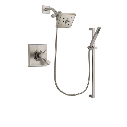 Delta Dryden Stainless Steel Finish Dual Control Shower Faucet System Package with Square Shower Head and Modern Personal Hand Shower with Slide Bar Includes Rough-in Valve DSP2376V
