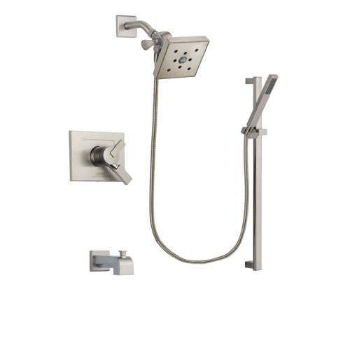 Delta Vero Stainless Steel Finish Dual Control Tub and Shower Faucet System Package with Square Shower Head and Modern Personal Hand Shower with Slide Bar Includes Rough-in Valve and Tub Spout DSP2377V
