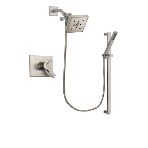 Delta Vero Stainless Steel Finish Dual Control Shower Faucet System Package with Square Shower Head and Modern Personal Hand Shower with Slide Bar Includes Rough-in Valve DSP2378V