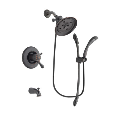 Delta Leland Venetian Bronze Finish Thermostatic Tub and Shower Faucet System Package with Large Rain Shower Head and 1-Spray Handshower with Slide Bar Includes Rough-in Valve and Tub Spout DSP2445V
