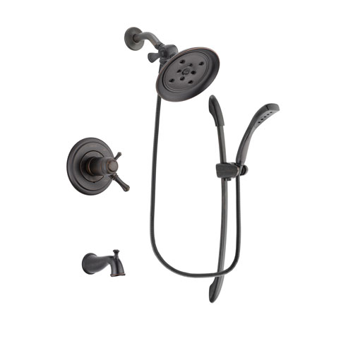 Delta Cassidy Venetian Bronze Finish Thermostatic Tub and Shower Faucet System Package with Large Rain Shower Head and 1-Spray Handshower with Slide Bar Includes Rough-in Valve and Tub Spout DSP2449V