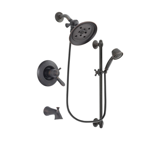 Delta Lahara Venetian Bronze Finish Thermostatic Tub and Shower Faucet System Package with Large Rain Shower Head and 5-Spray Personal Handshower with Slide Bar Includes Rough-in Valve and Tub Spout DSP2561V