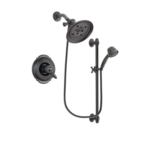 Delta Victorian Venetian Bronze Finish Thermostatic Shower Faucet System Package with Large Rain Shower Head and 5-Spray Personal Handshower with Slide Bar Includes Rough-in Valve DSP2564V