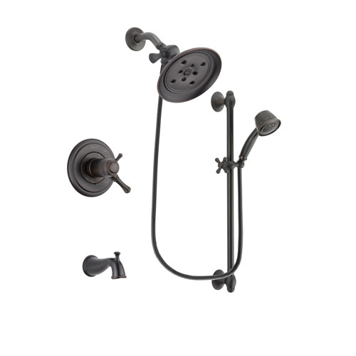 Delta Cassidy Venetian Bronze Finish Thermostatic Tub and Shower Faucet System Package with Large Rain Shower Head and 5-Spray Personal Handshower with Slide Bar Includes Rough-in Valve and Tub Spout DSP2569V