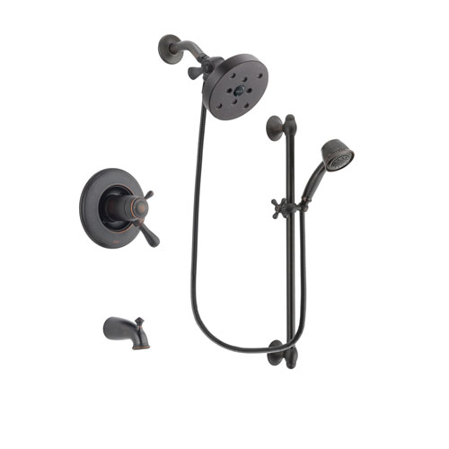 Delta Leland Venetian Bronze Finish Thermostatic Tub and Shower Faucet System Package with 5-1/2 inch Showerhead and 5-Spray Personal Handshower with Slide Bar Includes Rough-in Valve and Tub Spout DSP2595V