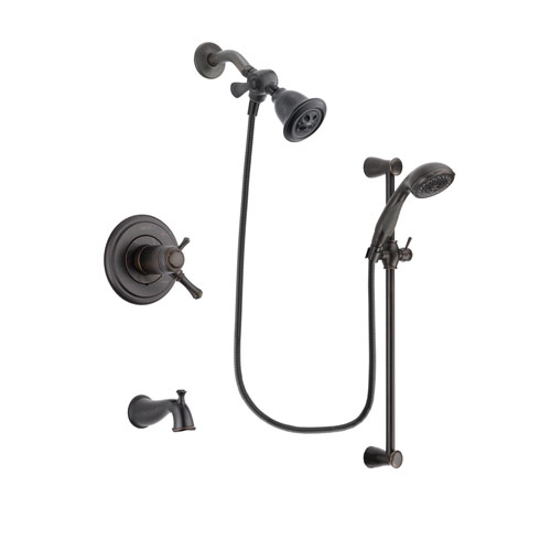 Delta Cassidy Venetian Bronze Finish Thermostatic Tub and Shower Faucet System Package with Water Efficient Showerhead and Personal Handheld Shower Spray with Slide Bar Includes Rough-in Valve and Tub Spout DSP2659V
