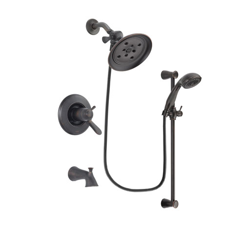 Delta Lahara Venetian Bronze Finish Thermostatic Tub and Shower Faucet System Package with Large Rain Shower Head and Personal Handheld Shower Spray with Slide Bar Includes Rough-in Valve and Tub Spout DSP2681V