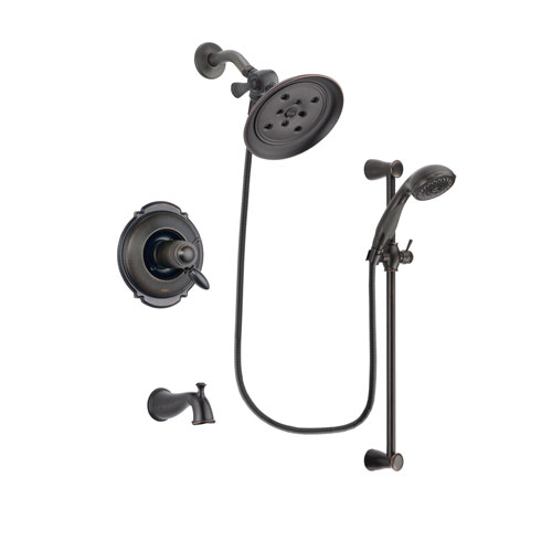 Delta Victorian Venetian Bronze Finish Thermostatic Tub and Shower Faucet System Package with Large Rain Shower Head and Personal Handheld Shower Spray with Slide Bar Includes Rough-in Valve and Tub Spout DSP2683V