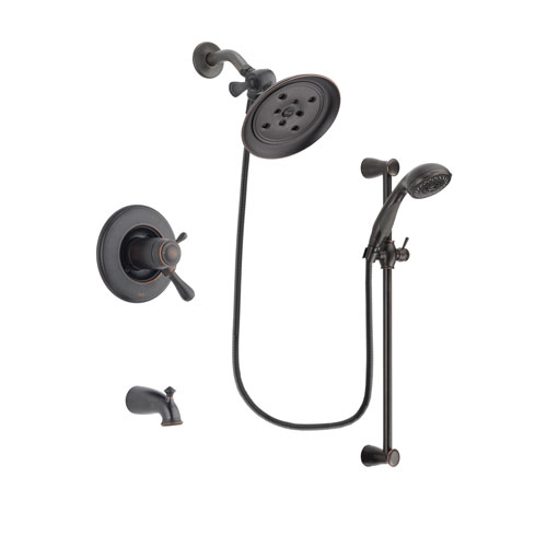 Delta Leland Venetian Bronze Finish Thermostatic Tub and Shower Faucet System Package with Large Rain Shower Head and Personal Handheld Shower Spray with Slide Bar Includes Rough-in Valve and Tub Spout DSP2685V
