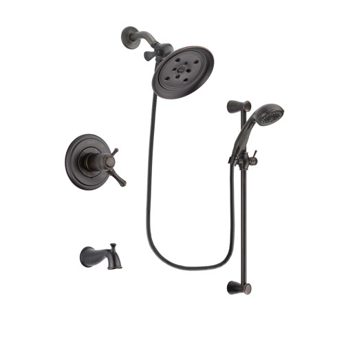 Delta Cassidy Venetian Bronze Finish Thermostatic Tub and Shower Faucet System Package with Large Rain Shower Head and Personal Handheld Shower Spray with Slide Bar Includes Rough-in Valve and Tub Spout DSP2689V