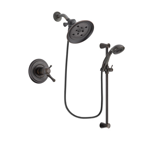 Delta Cassidy Venetian Bronze Finish Thermostatic Shower Faucet System Package with Large Rain Shower Head and Personal Handheld Shower Spray with Slide Bar Includes Rough-in Valve DSP2690V