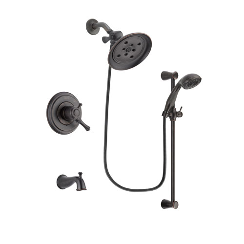 Delta Cassidy Venetian Bronze Finish Dual Control Tub and Shower Faucet System Package with Large Rain Shower Head and Personal Handheld Shower Spray with Slide Bar Includes Rough-in Valve and Tub Spout DSP2709V