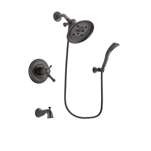 Delta Cassidy Venetian Bronze Finish Thermostatic Tub and Shower Faucet System Package with Large Rain Shower Head and Modern Wall Mount Personal Handheld Shower Spray Includes Rough-in Valve and Tub Spout DSP2929V