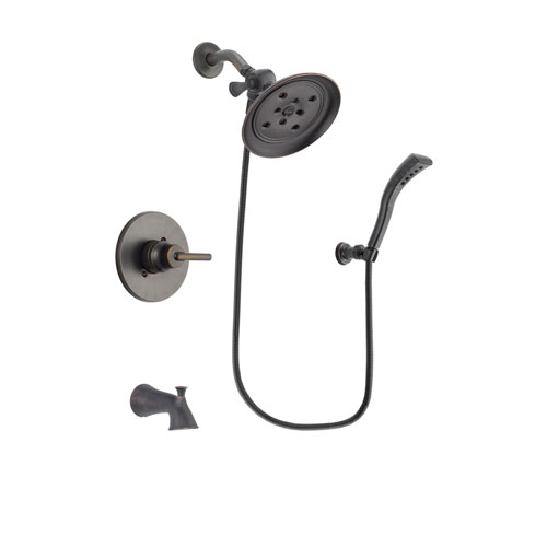 Delta Trinsic Venetian Bronze Finish Tub and Shower Faucet System Package with Large Rain Shower Head and Modern Wall Mount Personal Handheld Shower Spray Includes Rough-in Valve and Tub Spout DSP2933V