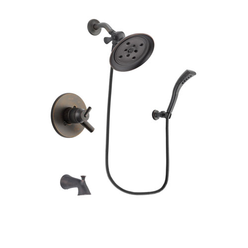 Delta Trinsic Venetian Bronze Finish Dual Control Tub and Shower Faucet System Package with Large Rain Shower Head and Modern Wall Mount Personal Handheld Shower Spray Includes Rough-in Valve and Tub Spout DSP2941V