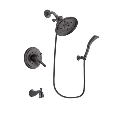 Delta Cassidy Venetian Bronze Finish Dual Control Tub and Shower Faucet System Package with Large Rain Shower Head and Modern Wall Mount Personal Handheld Shower Spray Includes Rough-in Valve and Tub Spout DSP2949V