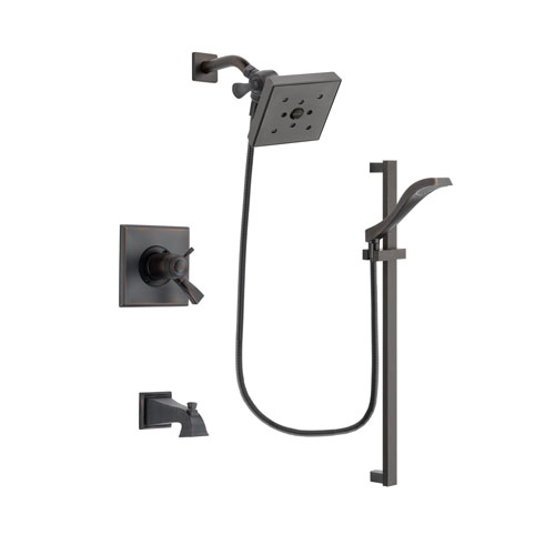 Delta Dryden Venetian Bronze Finish Thermostatic Tub and Shower Faucet System Package with Square Shower Head and Modern Handheld Shower Spray with Slide Bar Includes Rough-in Valve and Tub Spout DSP3125V