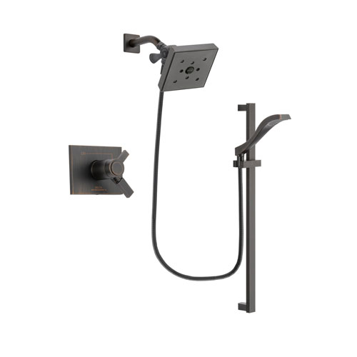 Delta Vero Venetian Bronze Finish Thermostatic Shower Faucet System Package with Square Shower Head and Modern Handheld Shower Spray with Slide Bar Includes Rough-in Valve DSP3128V