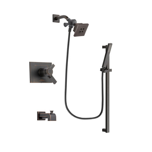 Delta Vero Venetian Bronze Finish Thermostatic Tub and Shower Faucet System Package with Square Showerhead and Modern Handheld Shower Spray with Square Slide Bar Includes Rough-in Valve and Tub Spout DSP3175V
