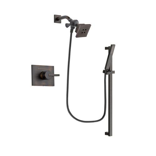 Delta Vero Venetian Bronze Finish Shower Faucet System Package with Square Showerhead and Modern Handheld Shower Spray with Square Slide Bar Includes Rough-in Valve DSP3180V