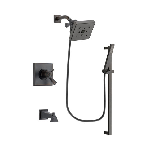 Delta Dryden Venetian Bronze Finish Thermostatic Tub and Shower Faucet System Package with Square Shower Head and Modern Handheld Shower Spray with Square Slide Bar Includes Rough-in Valve and Tub Spout DSP3197V