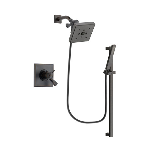 Delta Dryden Venetian Bronze Finish Thermostatic Shower Faucet System Package with Square Shower Head and Modern Handheld Shower Spray with Square Slide Bar Includes Rough-in Valve DSP3198V