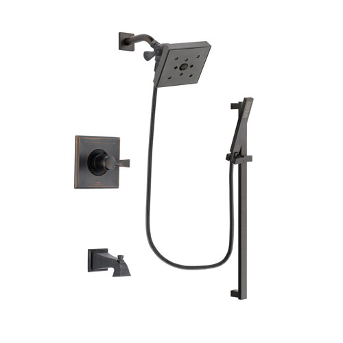 Delta Dryden Venetian Bronze Finish Tub and Shower Faucet System Package with Square Shower Head and Modern Handheld Shower Spray with Square Slide Bar Includes Rough-in Valve and Tub Spout DSP3201V