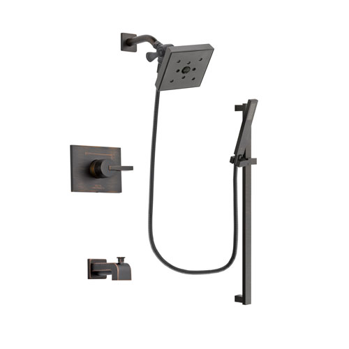 Delta Vero Venetian Bronze Finish Tub and Shower Faucet System Package with Square Shower Head and Modern Handheld Shower Spray with Square Slide Bar Includes Rough-in Valve and Tub Spout DSP3203V
