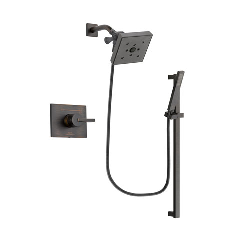 Delta Vero Venetian Bronze Finish Shower Faucet System Package with Square Shower Head and Modern Handheld Shower Spray with Square Slide Bar Includes Rough-in Valve DSP3204V