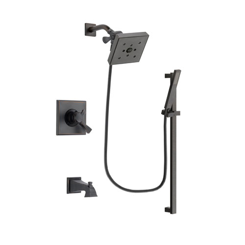 Delta Dryden Venetian Bronze Finish Dual Control Tub and Shower Faucet System Package with Square Shower Head and Modern Handheld Shower Spray with Square Slide Bar Includes Rough-in Valve and Tub Spout DSP3205V