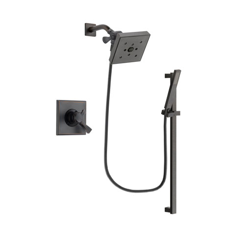 Delta Dryden Venetian Bronze Finish Dual Control Shower Faucet System Package with Square Shower Head and Modern Handheld Shower Spray with Square Slide Bar Includes Rough-in Valve DSP3206V