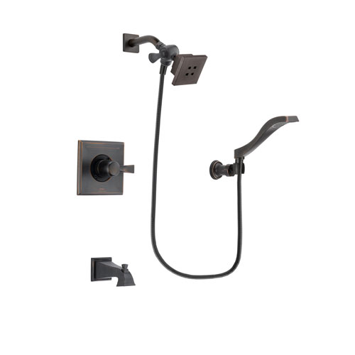 Delta Dryden Venetian Bronze Finish Tub and Shower Faucet System Package with Square Showerhead and Modern Wall Mount Handheld Shower Spray Includes Rough-in Valve and Tub Spout DSP3213V