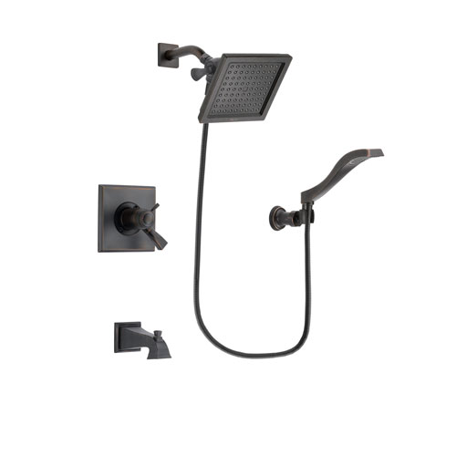 Delta Dryden Venetian Bronze Finish Thermostatic Tub and Shower Faucet System Package with 6.5-inch Square Rain Showerhead and Modern Wall Mount Handheld Shower Spray Includes Rough-in Valve and Tub Spout DSP3221V