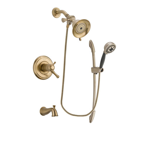 Delta Cassidy Champagne Bronze Finish Thermostatic Tub and Shower Faucet System Package with Water-Efficient Shower Head and 5-Spray Handshower with Slide Bar Includes Rough-in Valve and Tub Spout DSP3323V