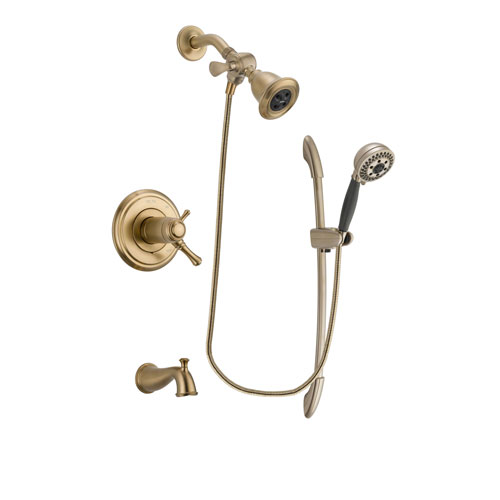 Delta Cassidy Champagne Bronze Finish Thermostatic Tub and Shower Faucet System Package with Water Efficient Showerhead and 5-Spray Handshower with Slide Bar Includes Rough-in Valve and Tub Spout DSP3349V