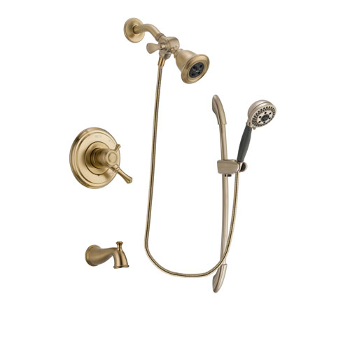 Delta Cassidy Champagne Bronze Finish Dual Control Tub and Shower Faucet System Package with Water Efficient Showerhead and 5-Spray Handshower with Slide Bar Includes Rough-in Valve and Tub Spout DSP3367V