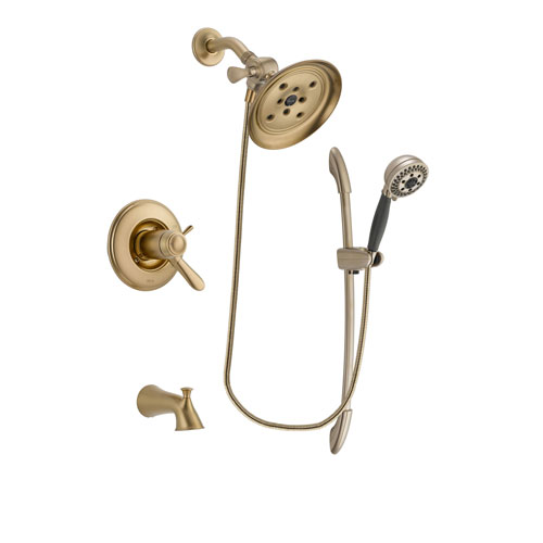 Delta Lahara Champagne Bronze Finish Thermostatic Tub and Shower Faucet System Package with Large Rain Shower Head and 5-Spray Handshower with Slide Bar Includes Rough-in Valve and Tub Spout DSP3369V