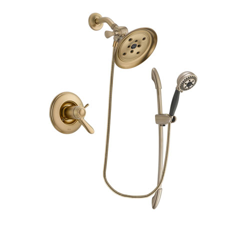 Delta Lahara Champagne Bronze Finish Thermostatic Shower Faucet System Package with Large Rain Shower Head and 5-Spray Handshower with Slide Bar Includes Rough-in Valve DSP3370V