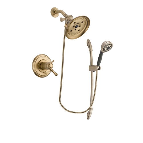 Delta Cassidy Champagne Bronze Finish Thermostatic Shower Faucet System Package with Large Rain Shower Head and 5-Spray Handshower with Slide Bar Includes Rough-in Valve DSP3376V