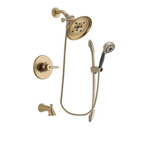 Delta Trinsic Champagne Bronze Finish Tub and Shower Faucet System Package with Large Rain Shower Head and 5-Spray Handshower with Slide Bar Includes Rough-in Valve and Tub Spout DSP3379V