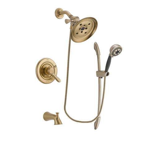 Delta Lahara Champagne Bronze Finish Dual Control Tub and Shower Faucet System Package with Large Rain Shower Head and 5-Spray Handshower with Slide Bar Includes Rough-in Valve and Tub Spout DSP3385V