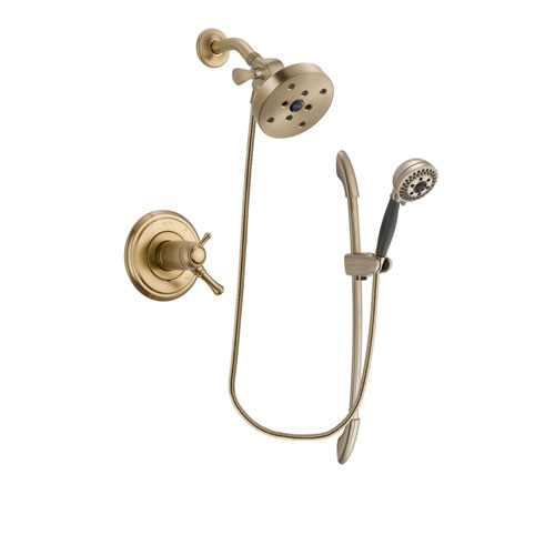Delta Cassidy Champagne Bronze Finish Thermostatic Shower Faucet System Package with 5-1/2 inch Showerhead and 5-Spray Handshower with Slide Bar Includes Rough-in Valve DSP3402V