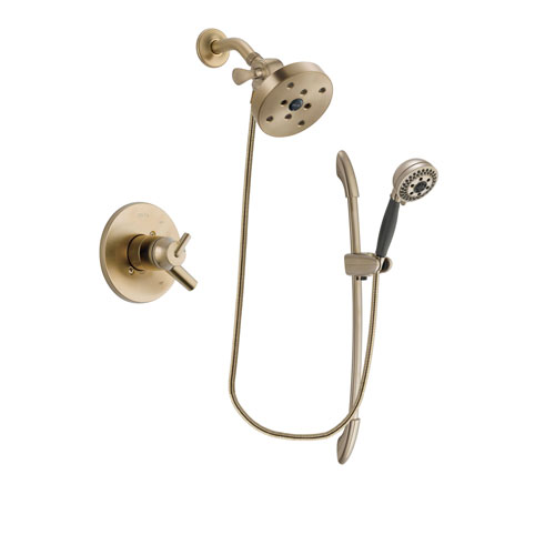 Delta Trinsic Champagne Bronze Finish Dual Control Shower Faucet System Package with 5-1/2 inch Showerhead and 5-Spray Handshower with Slide Bar Includes Rough-in Valve DSP3414V