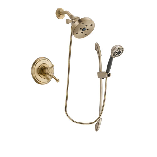 Delta Cassidy Champagne Bronze Finish Dual Control Shower Faucet System Package with 5-1/2 inch Showerhead and 5-Spray Handshower with Slide Bar Includes Rough-in Valve DSP3420V