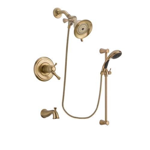 Delta Cassidy Champagne Bronze Finish Thermostatic Tub and Shower Faucet System Package with Water-Efficient Shower Head and Personal Handheld Shower Sprayer with Slide Bar Includes Rough-in Valve and Tub Spout DSP3427V