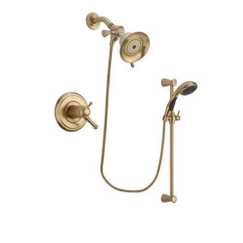 Delta Cassidy Champagne Bronze Finish Thermostatic Shower Faucet System Package with Water-Efficient Shower Head and Personal Handheld Shower Sprayer with Slide Bar Includes Rough-in Valve DSP3428V