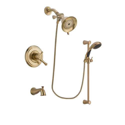 Delta Cassidy Champagne Bronze Finish Dual Control Tub and Shower Faucet System Package with Water-Efficient Shower Head and Personal Handheld Shower Sprayer with Slide Bar Includes Rough-in Valve and Tub Spout DSP3445V