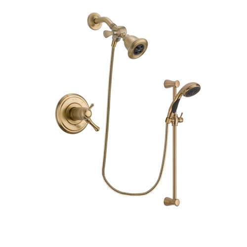Delta Cassidy Champagne Bronze Finish Thermostatic Shower Faucet System Package with Water Efficient Showerhead and Personal Handheld Shower Sprayer with Slide Bar Includes Rough-in Valve DSP3454V